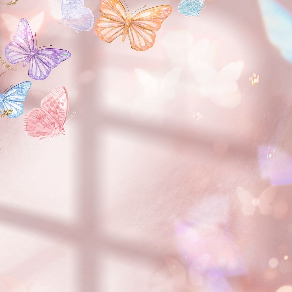 Pink background, colorful butterfly, social media post