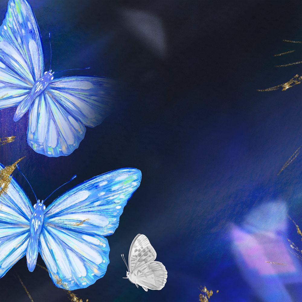 Dark background, aesthetic blue butterfly, social media post