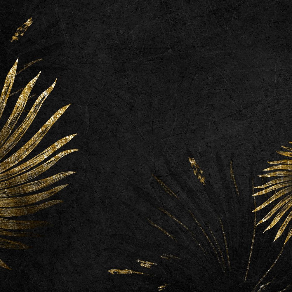 Black background, gold glitter tropical leaf, social media post psd