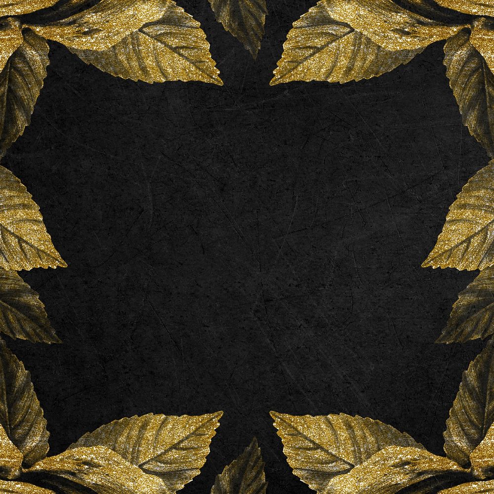 Black background, gold leaf frame, social media post psd