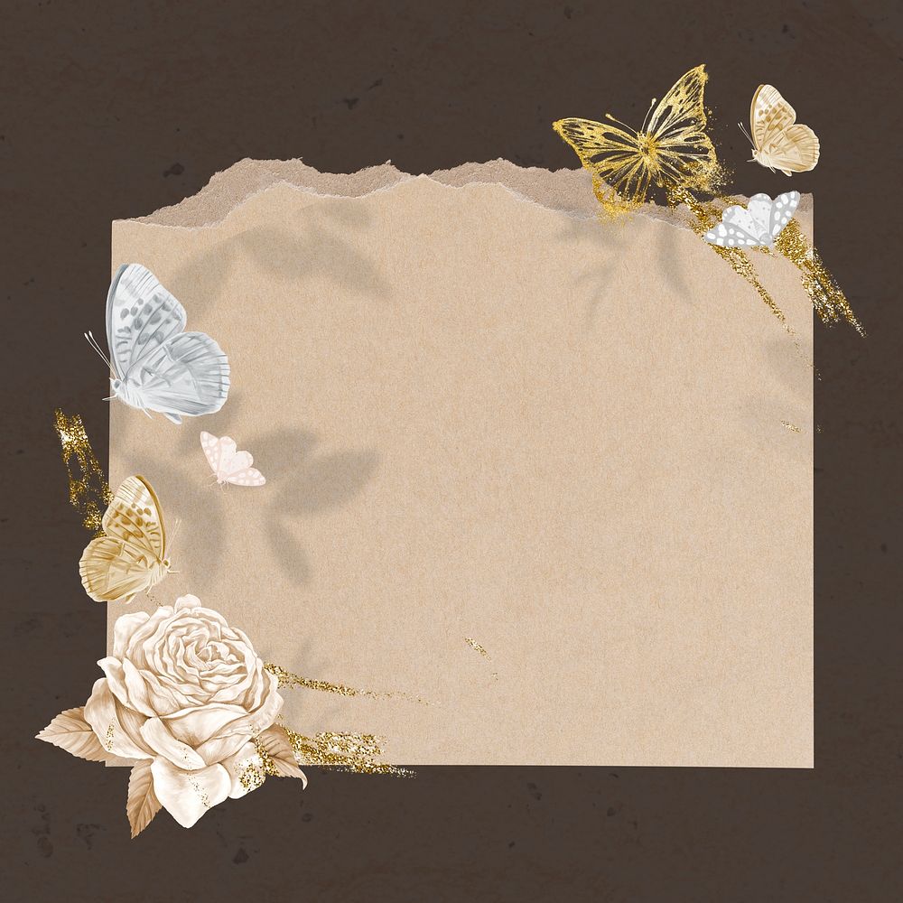 Brown paper frame background, gold glitter nature design psd