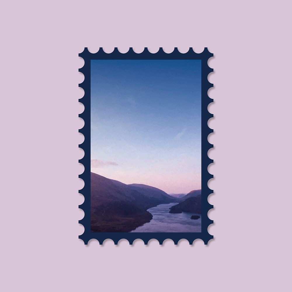Purple aesthetic postage mockup frame, pastel design vector