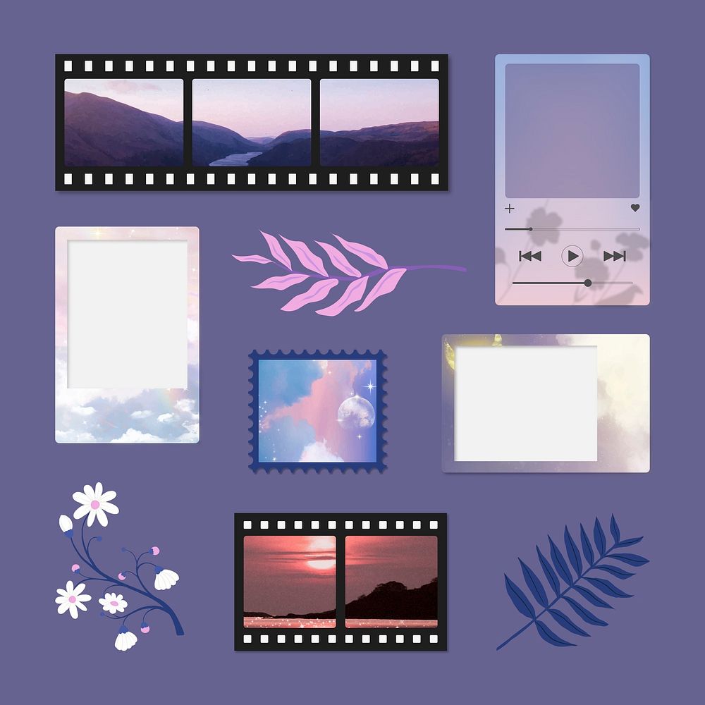 Purple aesthetic photo frame, pastel design set vector