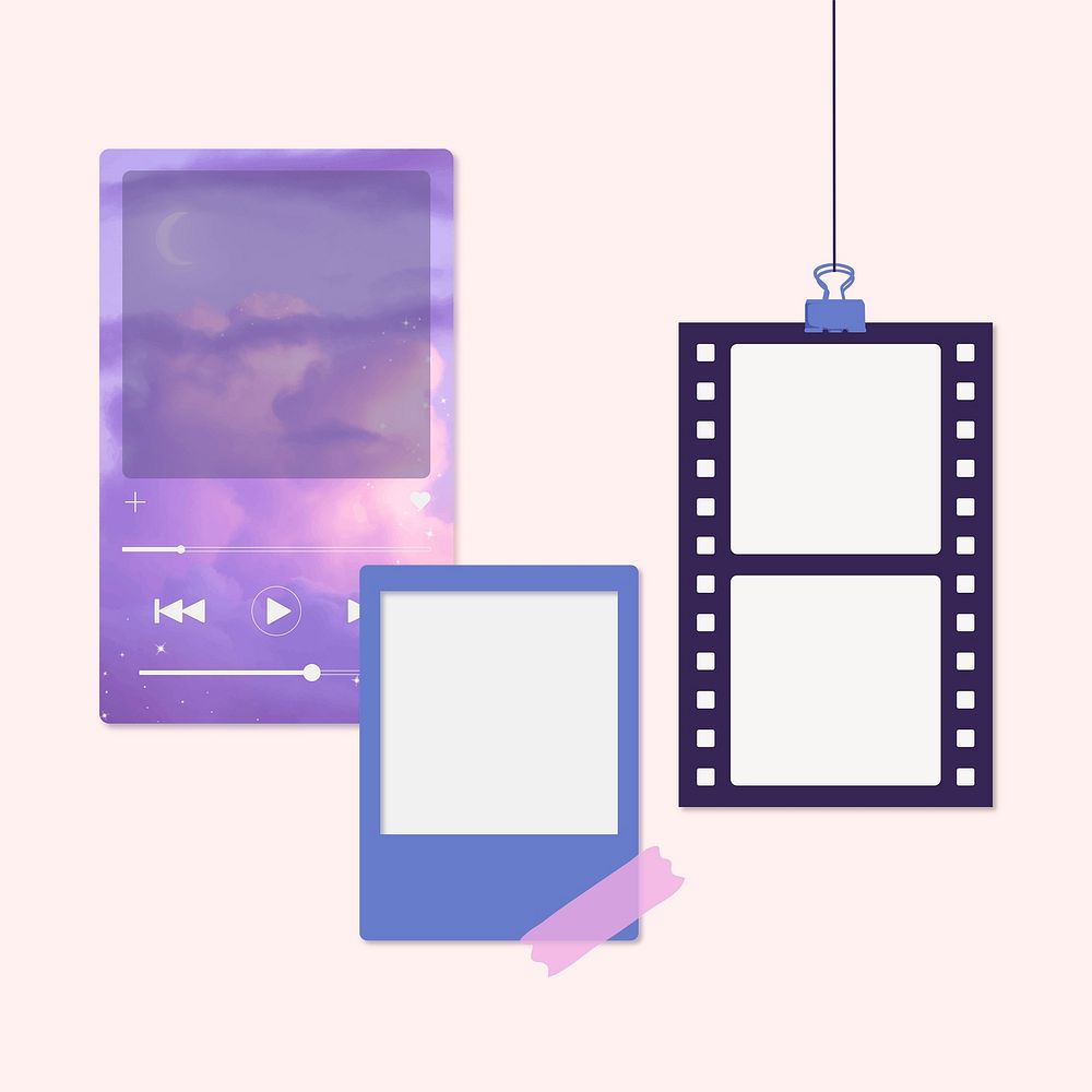 Purple aesthetic film mockup moodboard, photo frame design vector