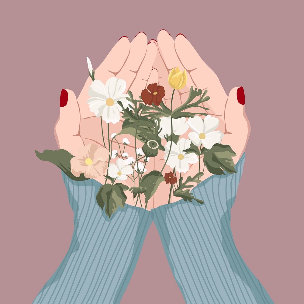Flowers in cupped hands background, feminine illustration design