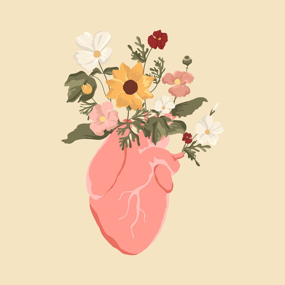 Heart flower clipart, mental health illustration design psd