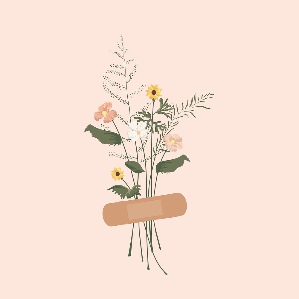 Floral glued plaster clipart, mental health illustration design psd