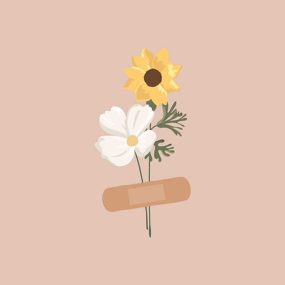 Floral glued plaster clipart, mental health illustration design psd