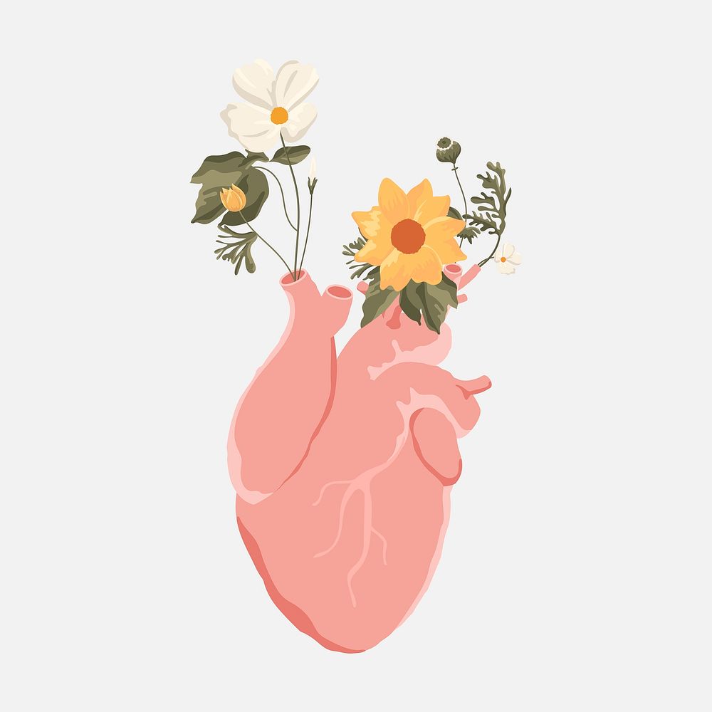 Heart flower clipart, mental health illustration design vector