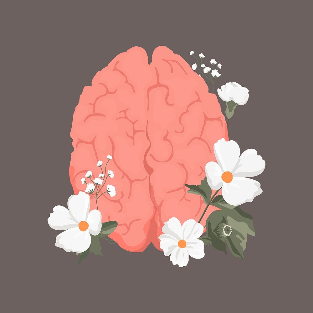 Brain flower clipart, mental health illustration design vector