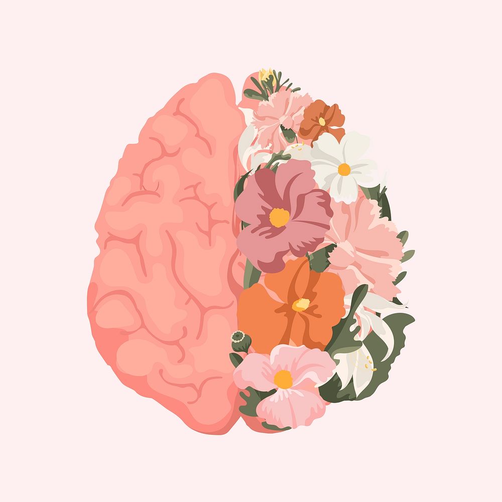 Floral brain clipart, mental health illustration design vector