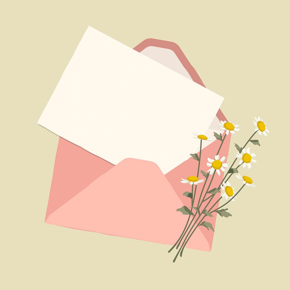 Pink envelope clipart, flower, stationery design vector