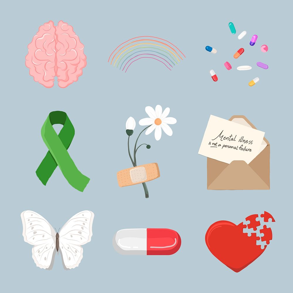 Health & wellness stickers, mental health illustration set psd