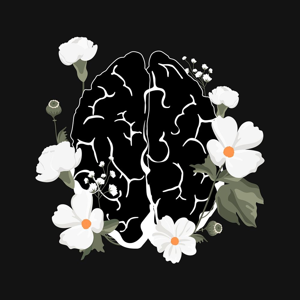 Floral brain clipart, mental health illustration design psd