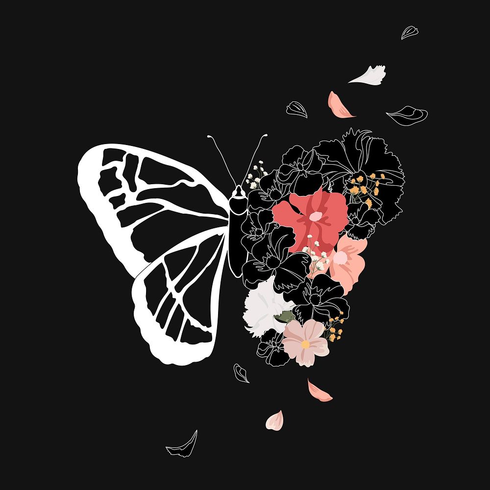 Aesthetic butterfly clipart, flower illustration design psd