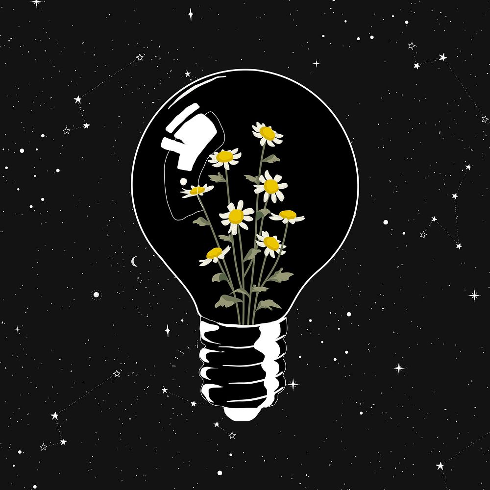 Flower light bulb clipart, black and white design vector