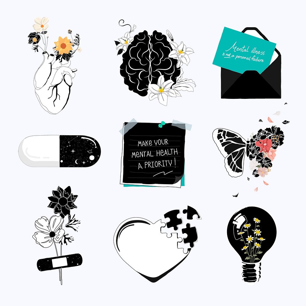 Health & wellness stickers, mental health illustration set psd
