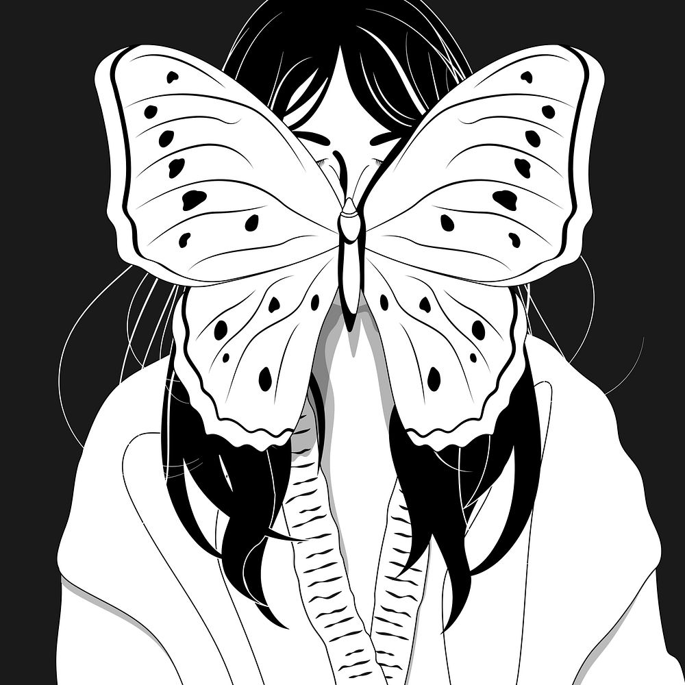 Butterfly on woman face background, black and white design