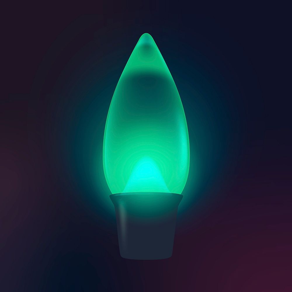 Green light bulb clipart, candle LED design, black background vector