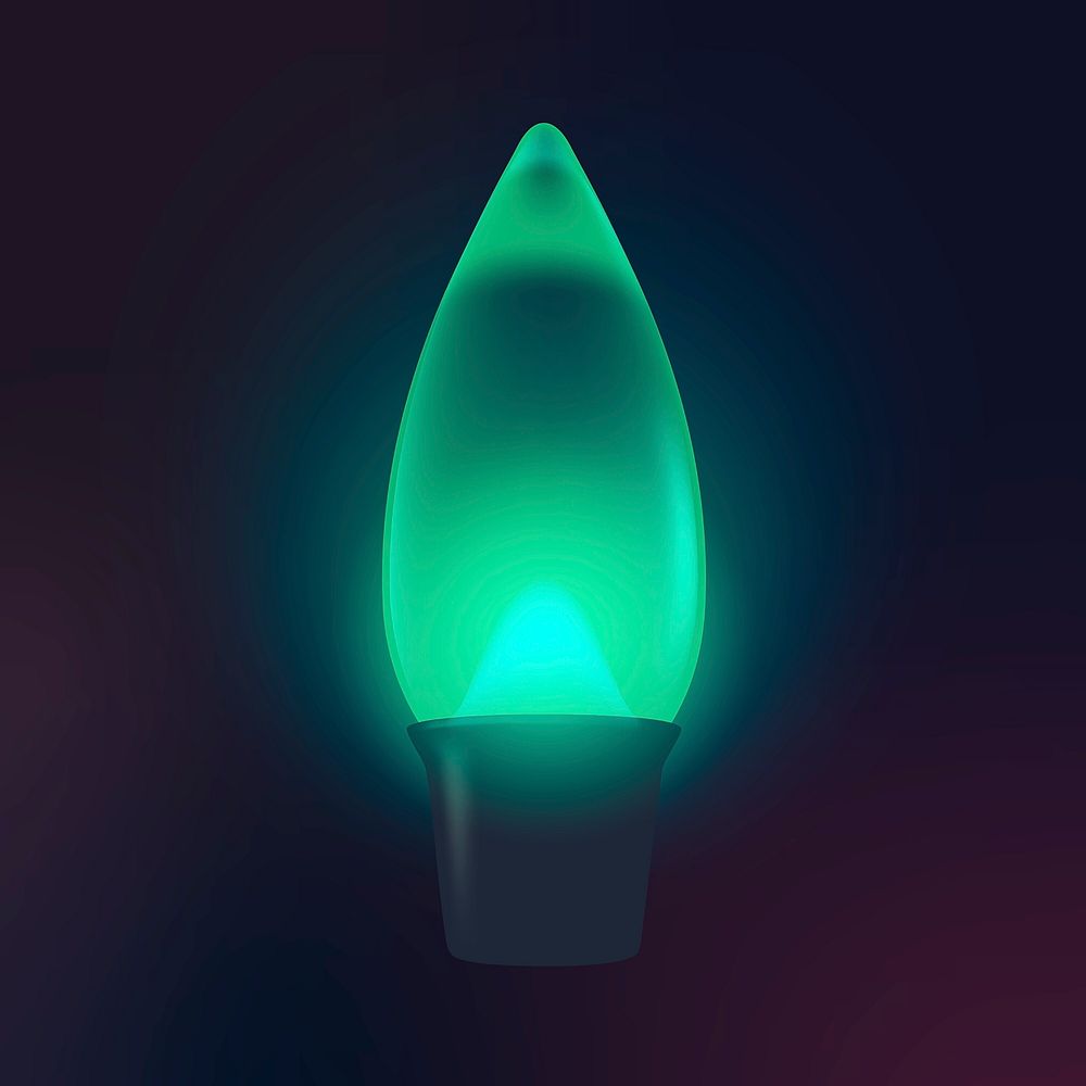 Green light bulb clipart, candle LED design, black background psd