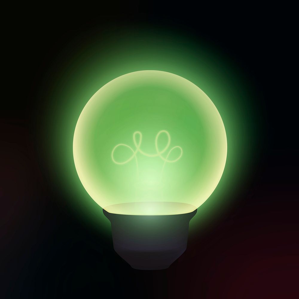 Glowing light bulb clipart, green design, black background psd