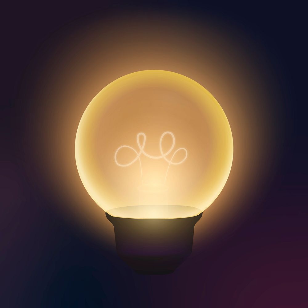 Glowing light bulb clipart, yellow design, black background psd