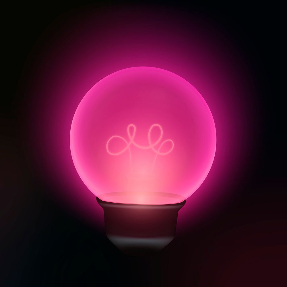 Glowing light bulb clipart, pink design, black background vector