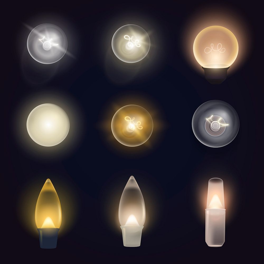 Light bulb clip art, festive design, black background set vector