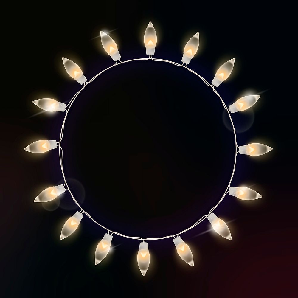 Fairy lights circle frame, black background psd