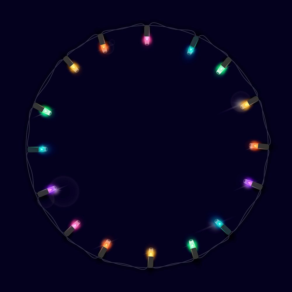 Christmas light string frame, circle design, black background psd