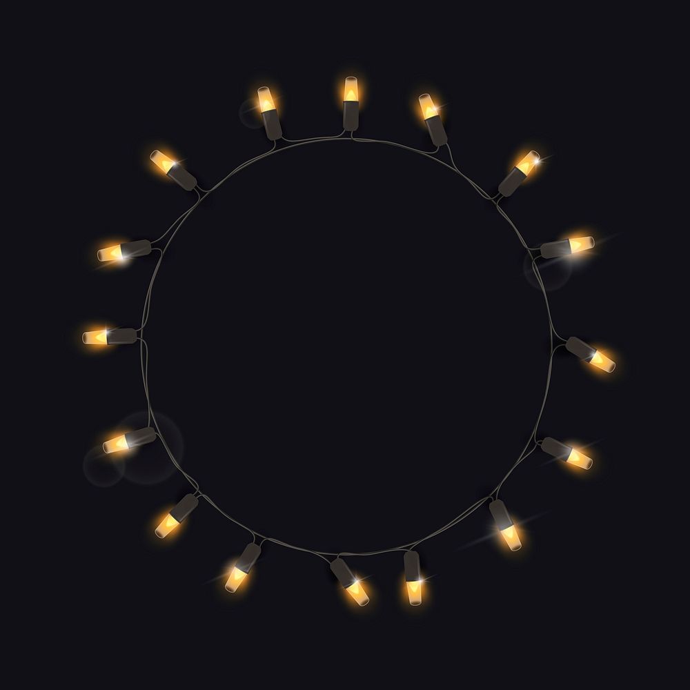 Fairy lights circle frame, black background vector