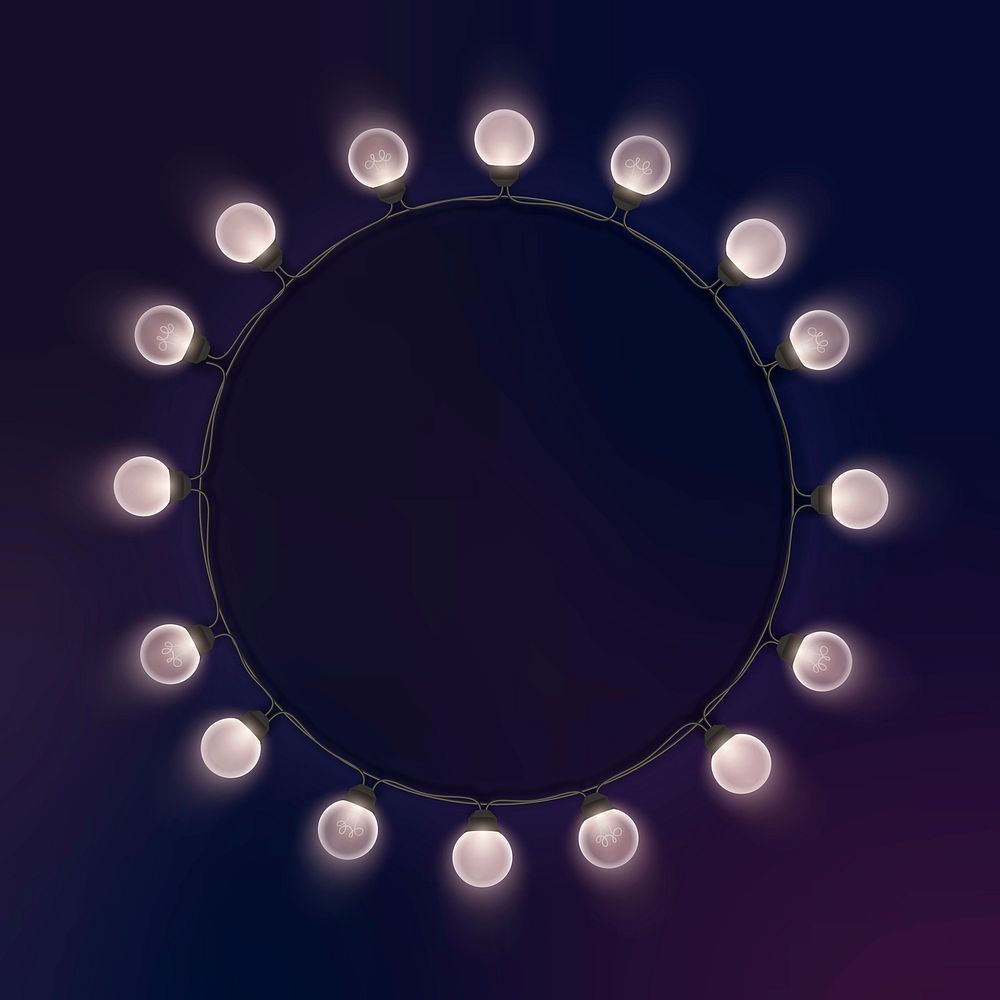 Festive lights circle frame, black background psd
