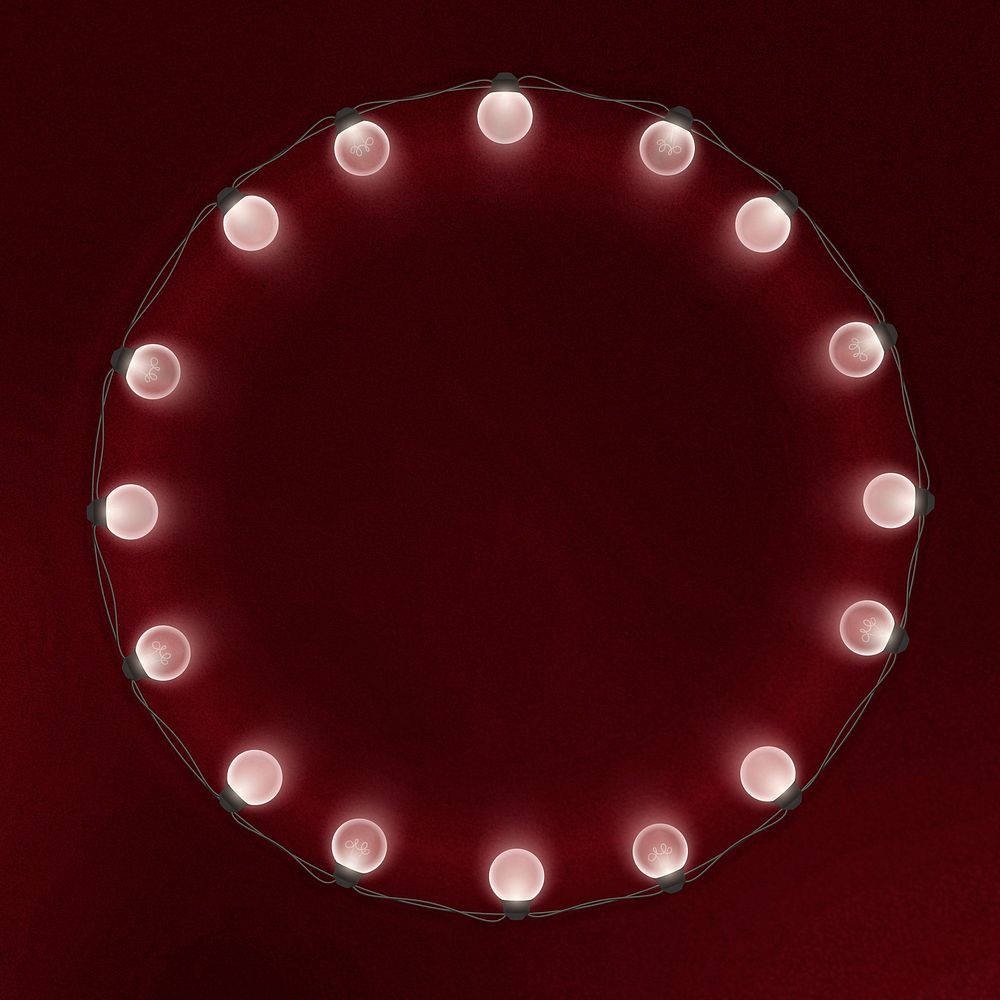 Festive lights circle frame, red background psd