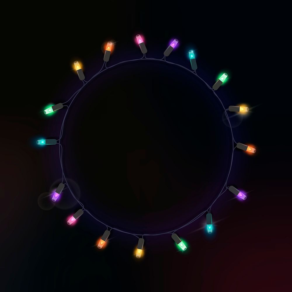 Christmas light string frame, circle design, black background psd