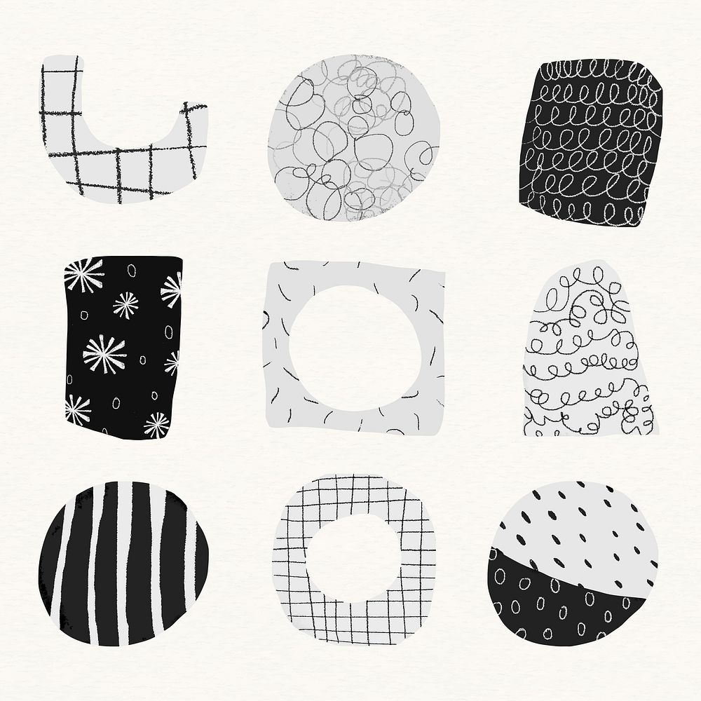 Abstract shape stickers, black cute design set psd