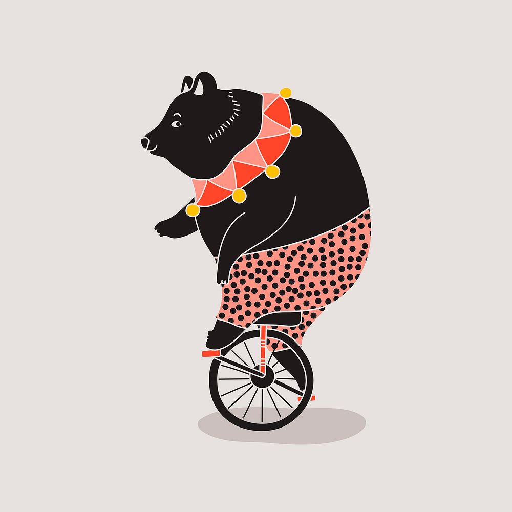 Circus bear on unicycle sticker design, cute animal illustration vector