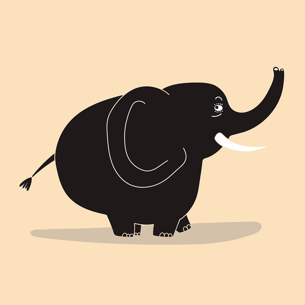 Black elephant cartoon illustration sticker, beige background vector
