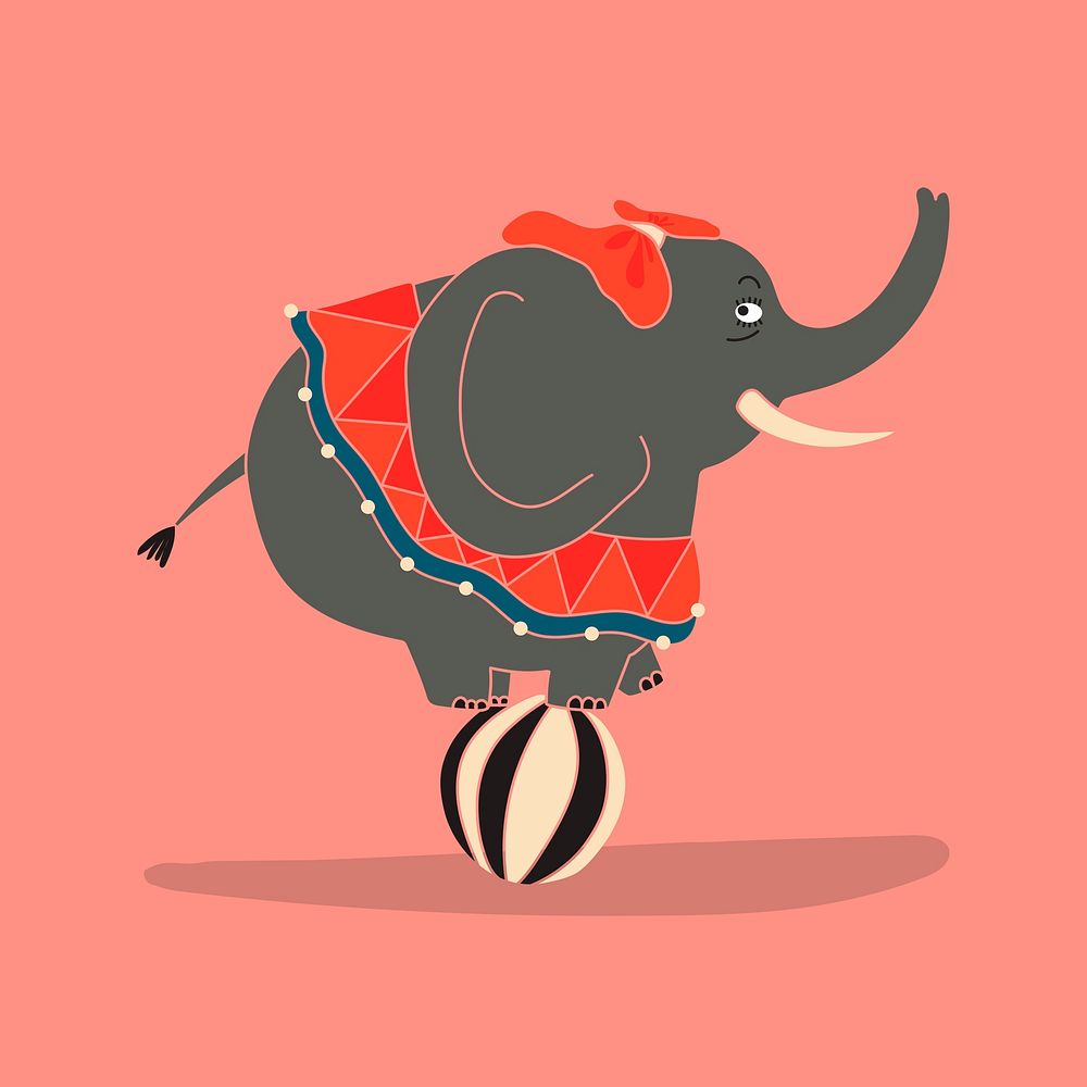 Circus elephant on ball sticker design, cute animal illustration psd