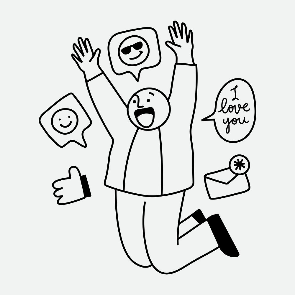 Happy man receiving likes clipart, social media interactions doodle psd