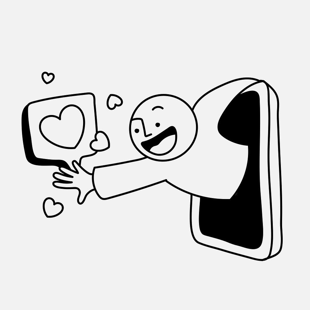 Man giving love sticker, social media reach concept, cartoon illustration vector