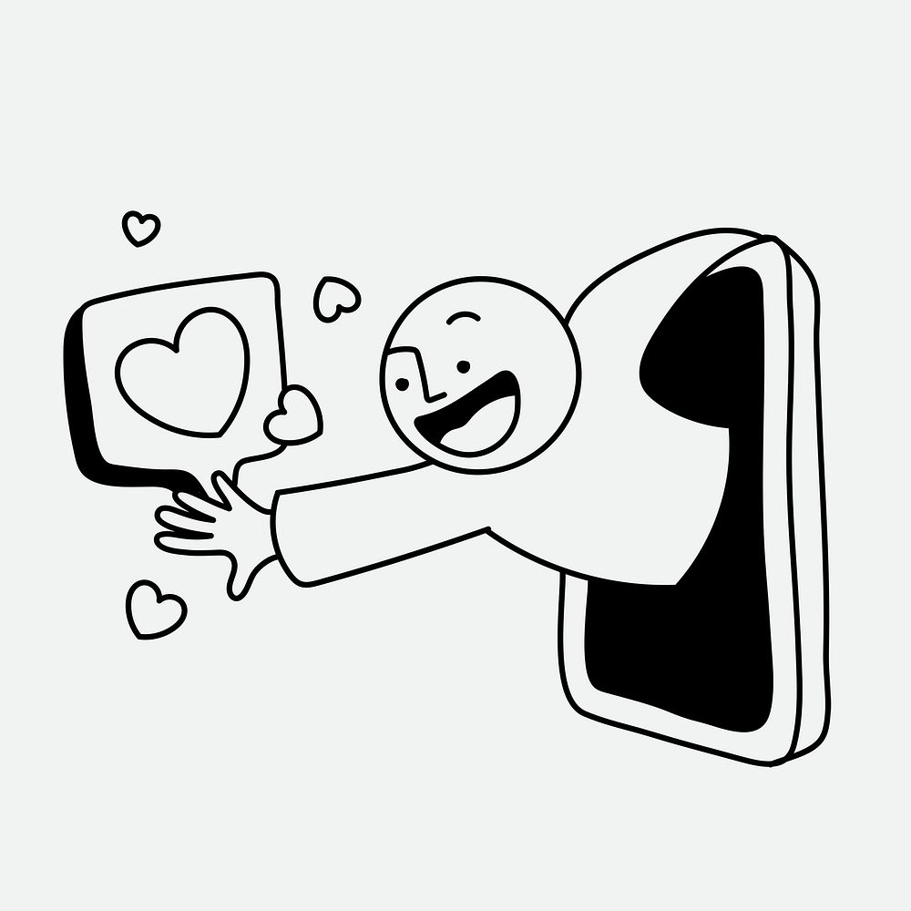 Man giving love sticker, social media reach concept, cartoon illustration psd
