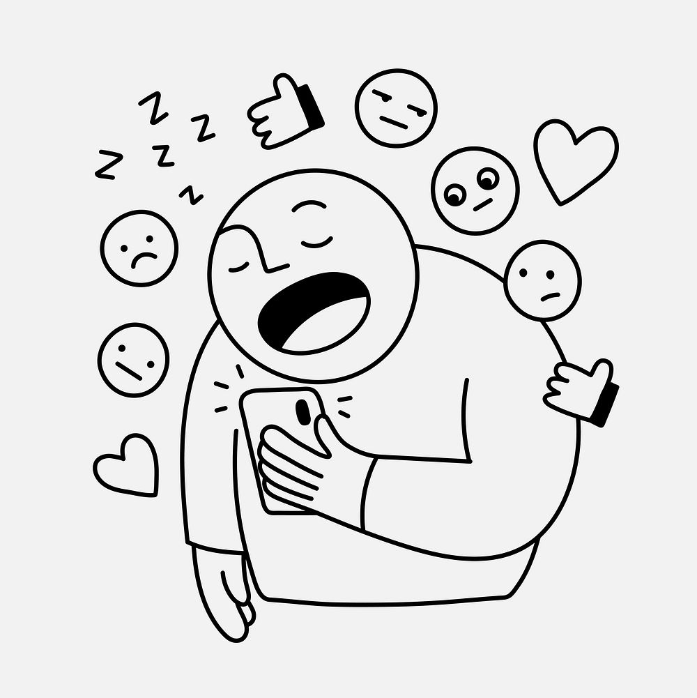 Yawning man clipart, social media addiction character doodle vector