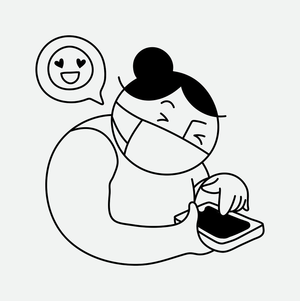 Woman texting sticker, online dating during the new normal doodle psd