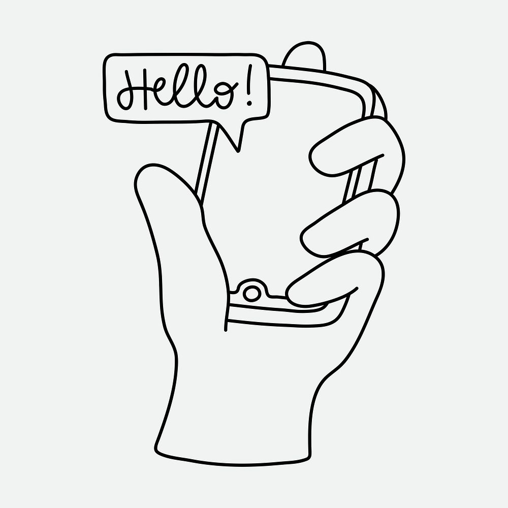 Hand holding smartphone sticker, social media doodle psd