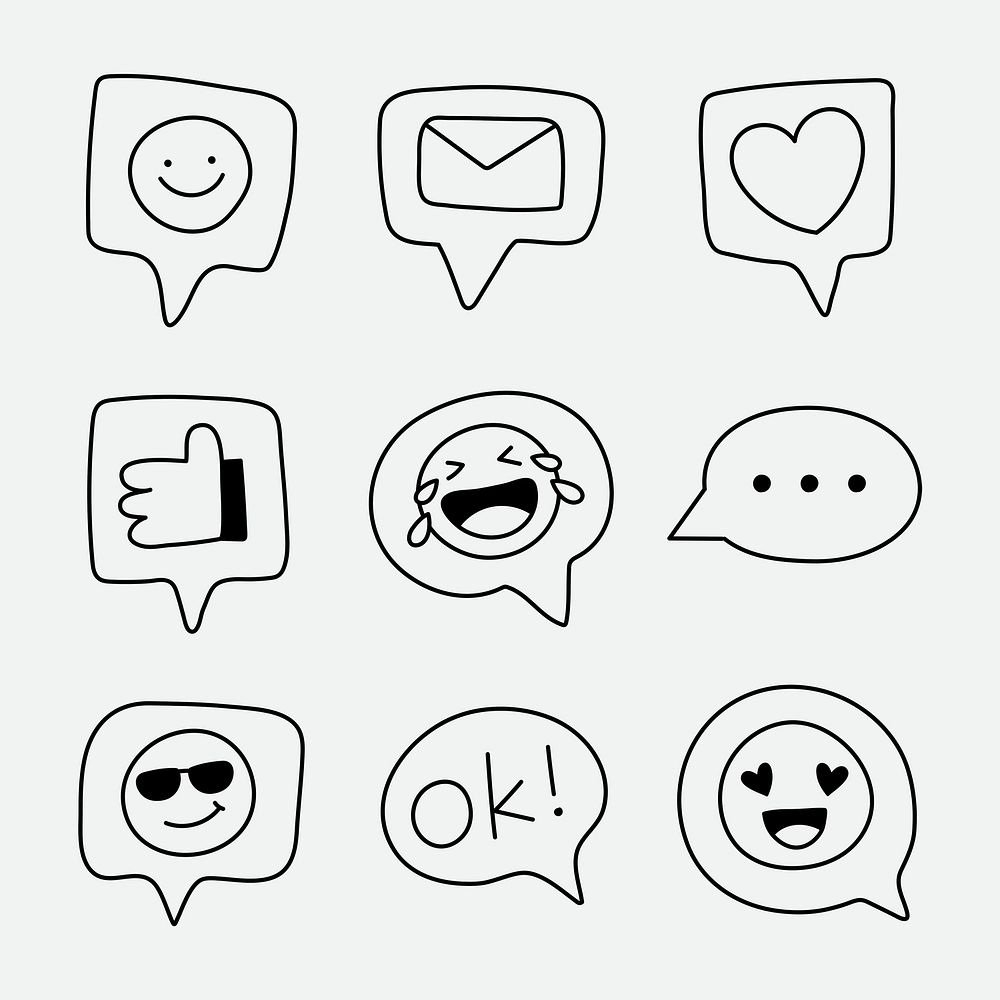 Cute emoticon doodle sticker, social media reaction psd set 
