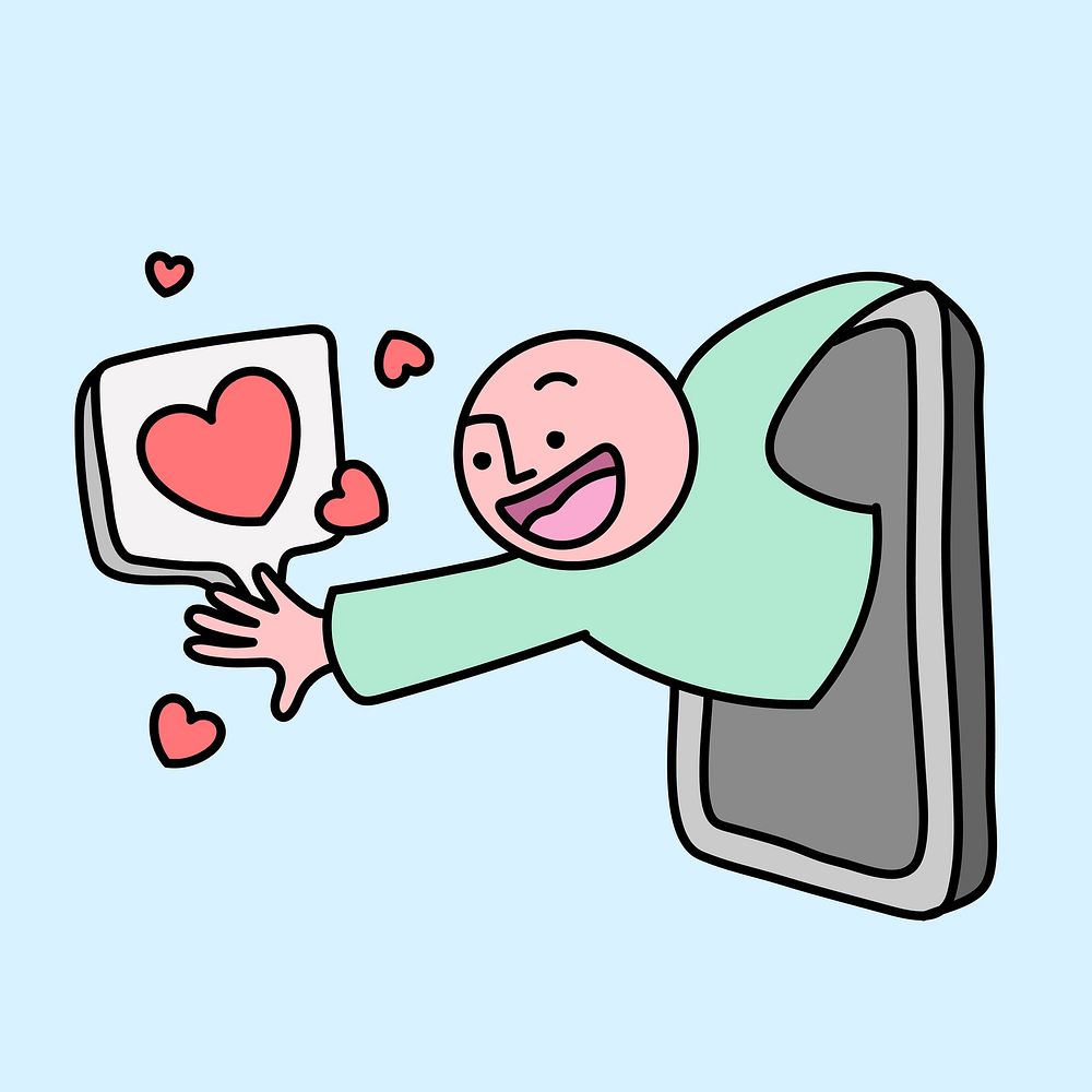 Man giving love sticker, social media reach concept, cartoon illustration vector