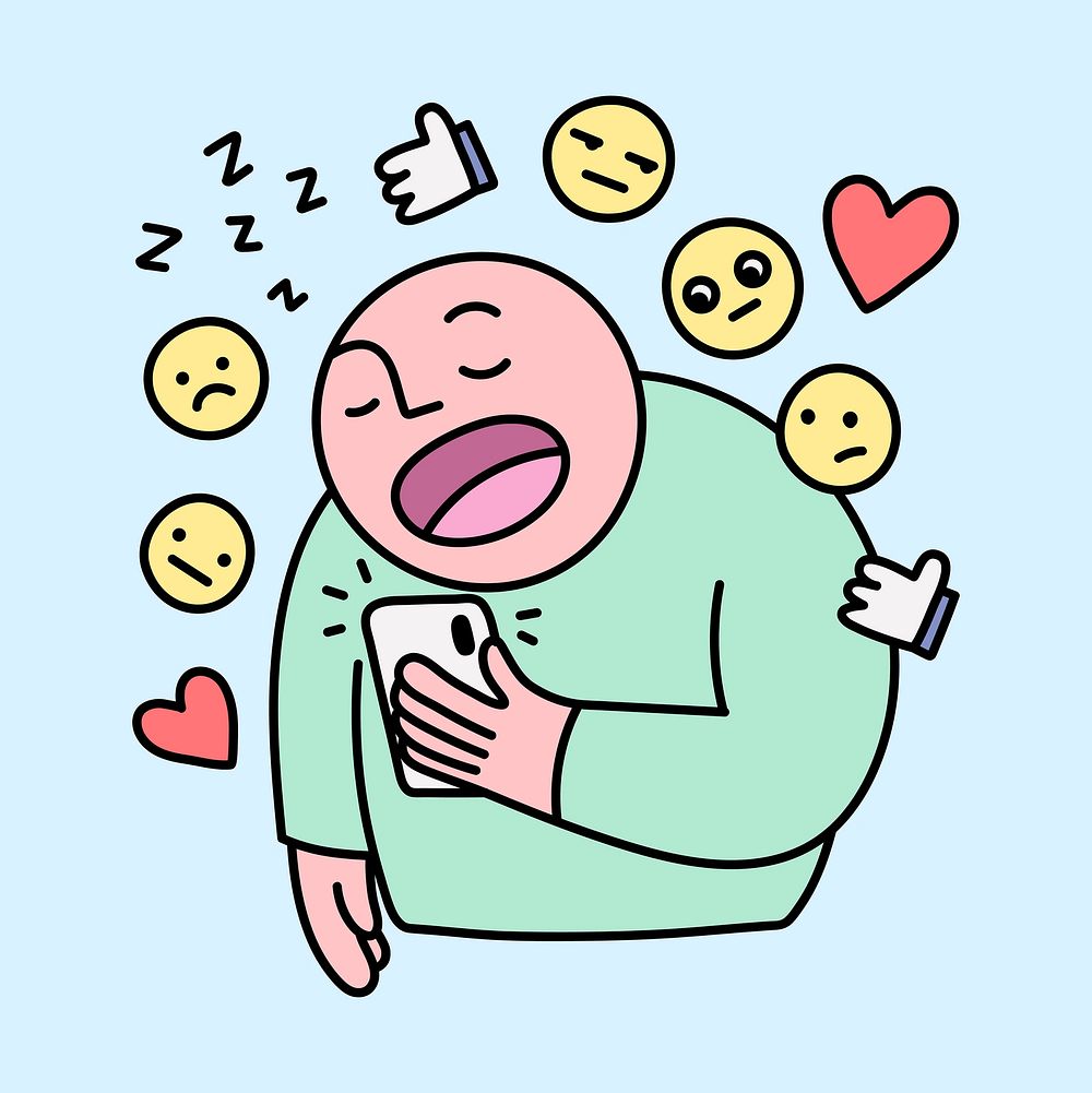 Yawning man clipart, social media addiction character doodle vector