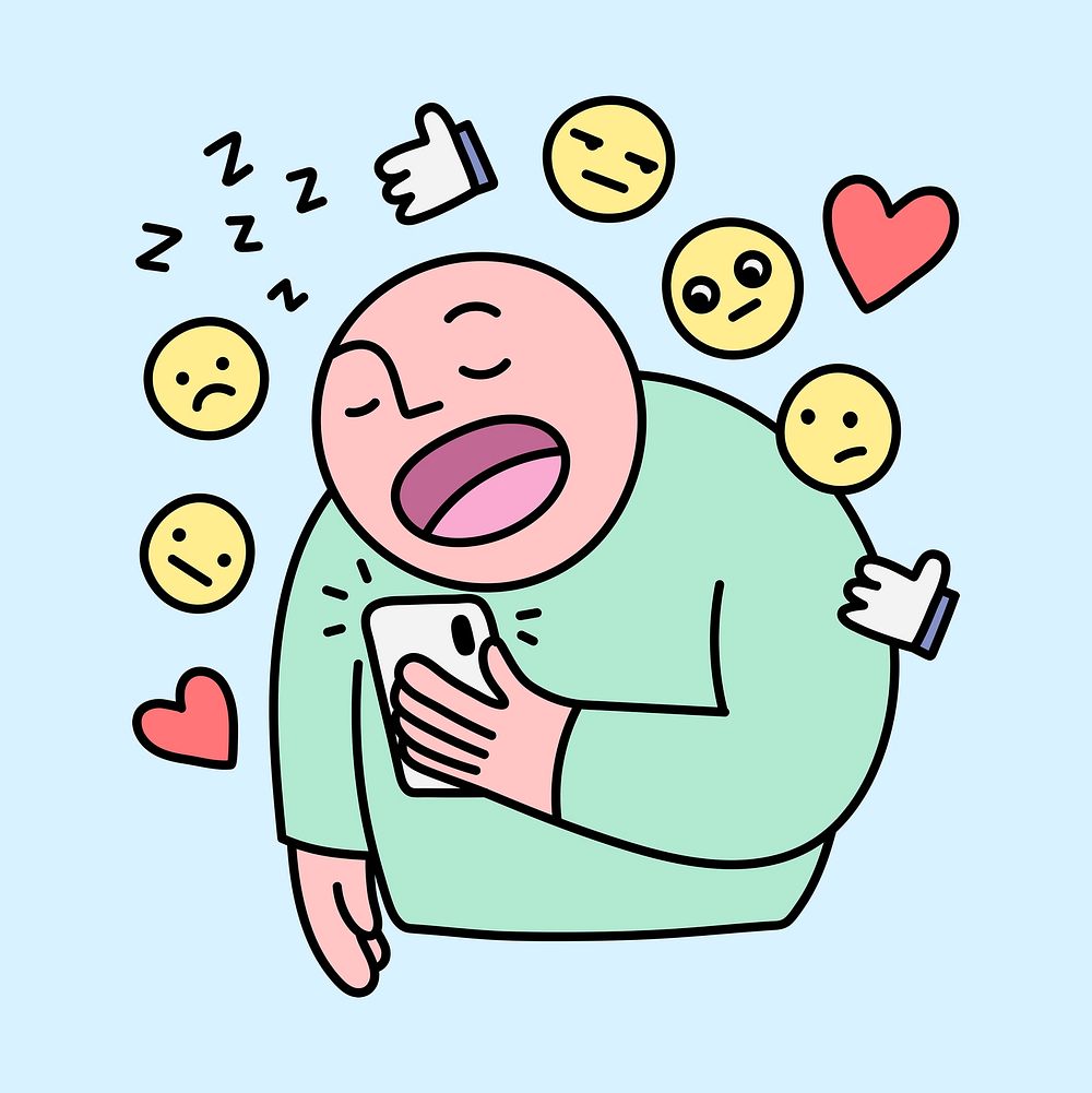 Yawning man clipart, social media addiction character doodle psd