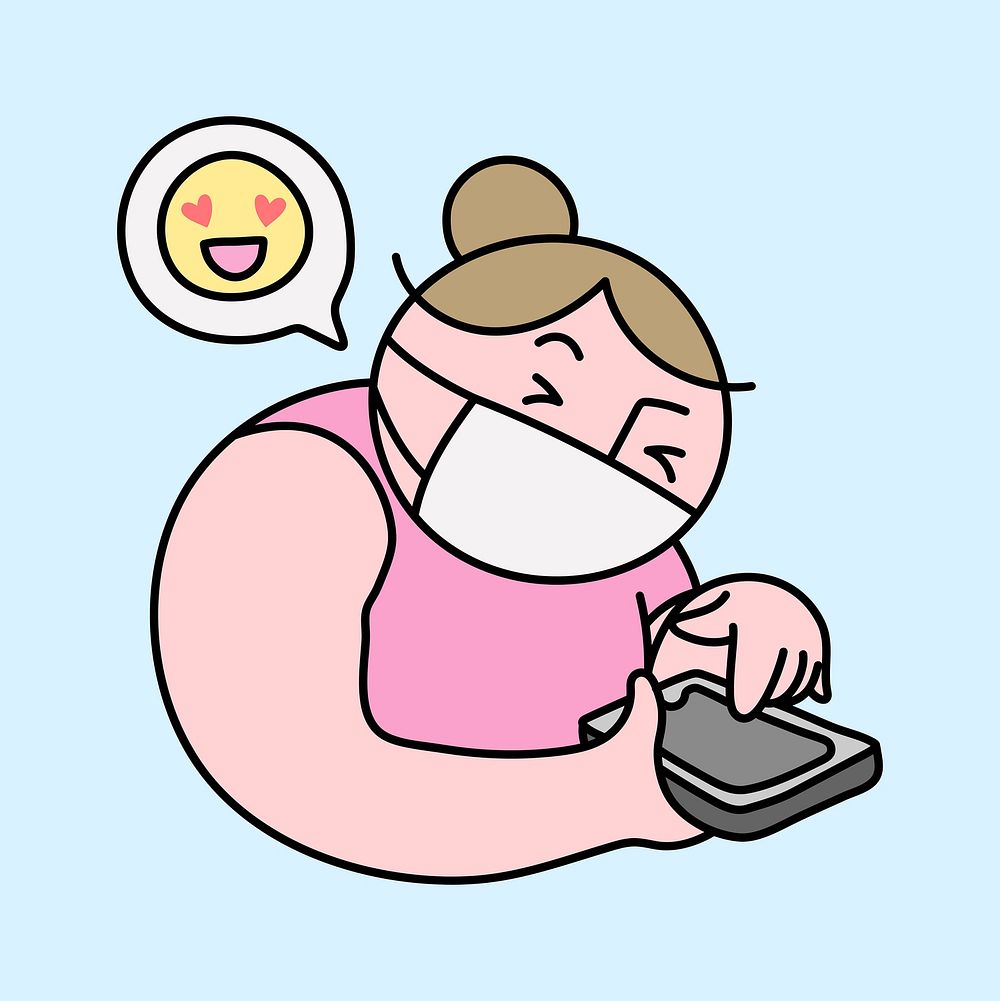 Woman texting sticker, online dating during the new normal doodle vector