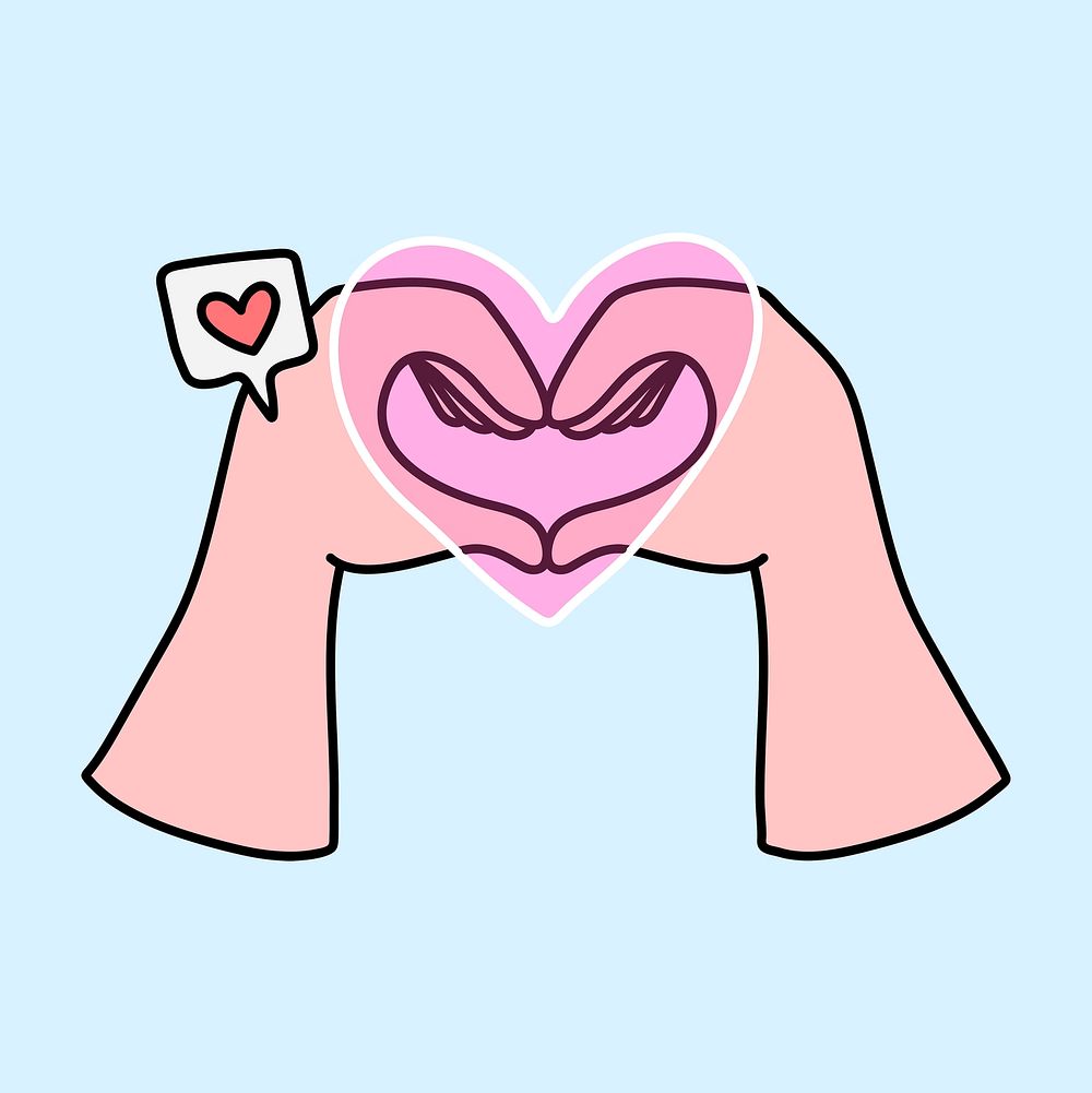 Heart hands doodle sticker, love gesture psd